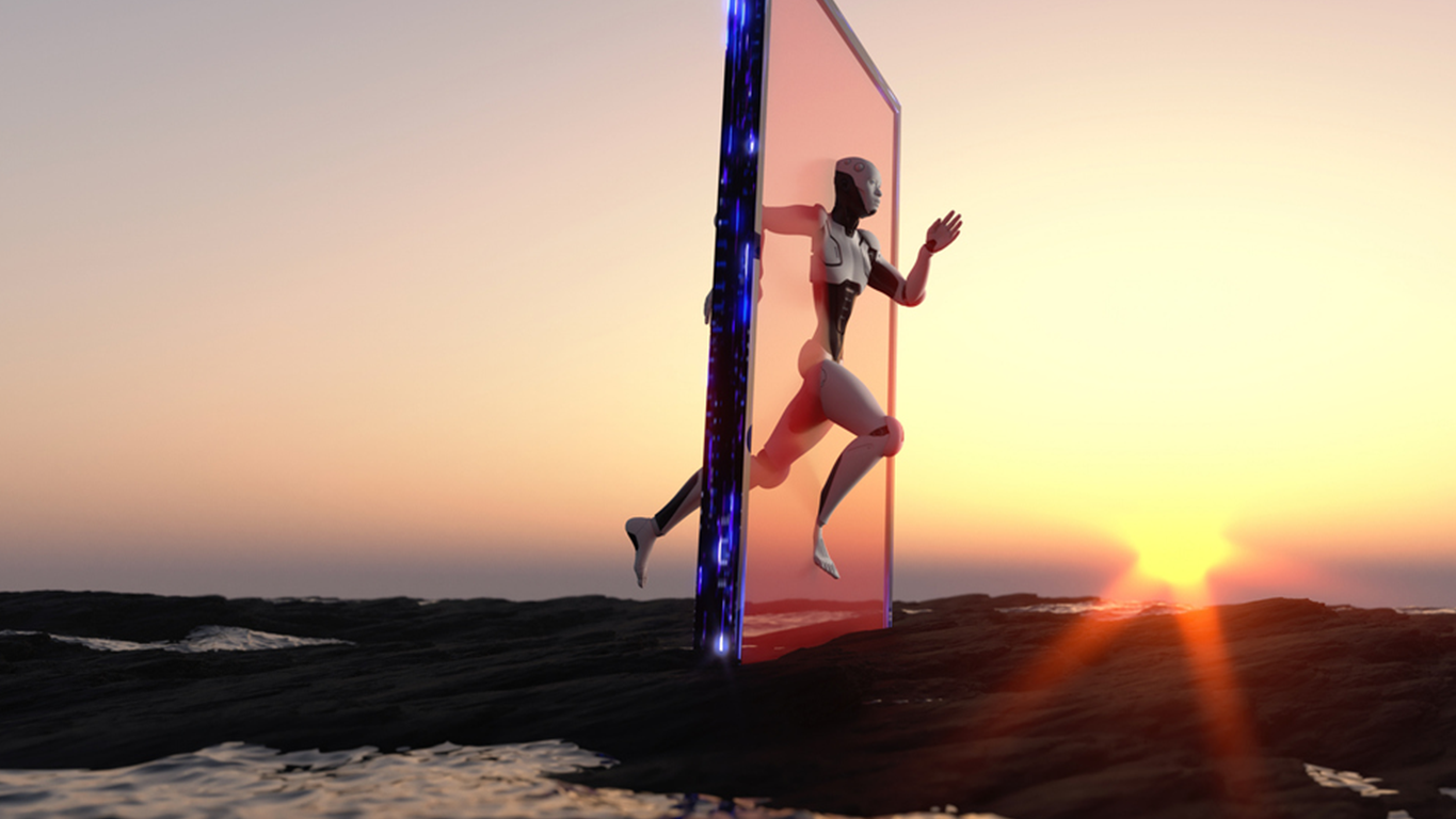 A humanoid figure leaping through a digital doorway, representing faster and more efficient AI-enabled delivery.